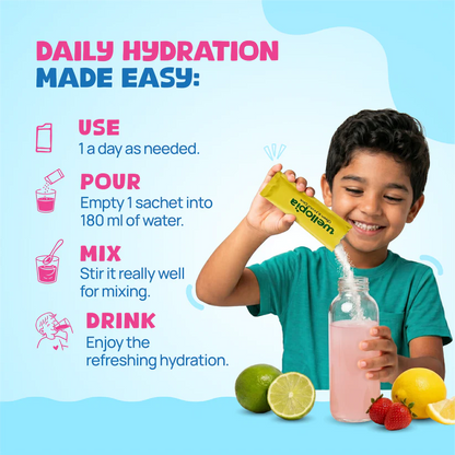 Hydration Drink Mix (Ages 2+)- Natural Strawberry Lemonade Flavour (Coconut Water, Pink Himlayan Salt) -No Artificial Preservatives - No Artificial Colors- No Refined Sugar - Wellopia- (15 Sachets) -6gm