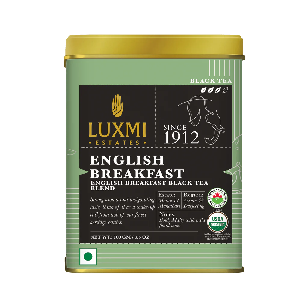 Tea | English Breakfast Black Tea Blend - Bold, Malty With Floral Notes - Assam & Darjeeling - USDA Organic - Luxmi Estate - 100gm