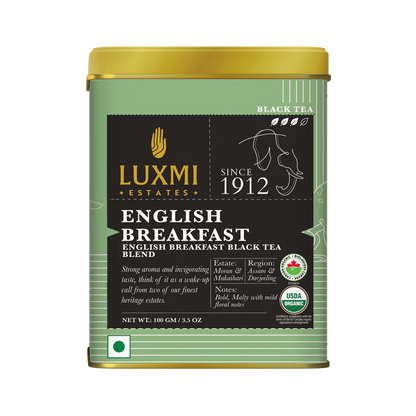 Tea | English Breakfast Black Tea Blend - Bold, Malty With Floral Notes - Assam &amp; Darjeeling - USDA Organic - Luxmi Estate - 100gm