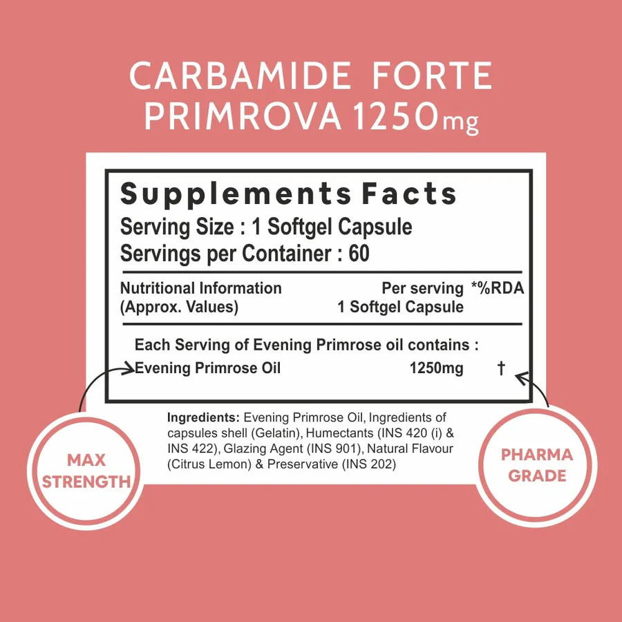 Evening Primrose Oil | Primrova - Supports Heart, Skin &amp; Immunity - Cold Pressed - Gluten Free, Hexane Free, Paraben Free &amp;amp; No Added Preservatives - Carbamide Forte - (1250mg) - 60 Capsules