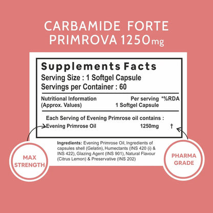 Evening Primrose Oil | Primrova - Supports Heart, Skin &amp; Immunity - Cold Pressed - Gluten Free, Hexane Free, Paraben Free &amp;amp; No Added Preservatives - Carbamide Forte - (1250mg) - 60 Capsules