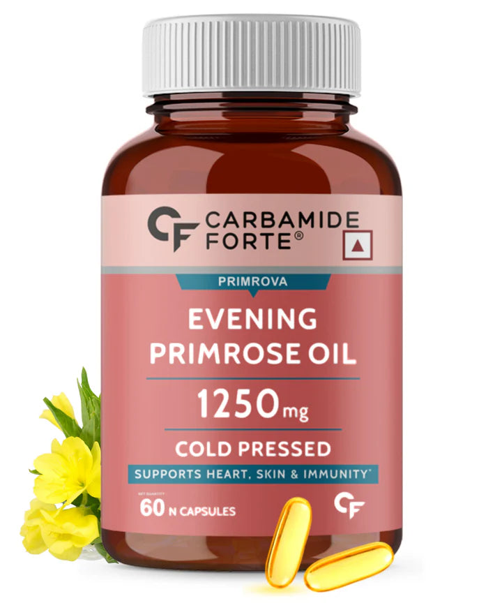 Evening Primrose Oil | Primrova - Supports Heart, Skin & Immunity - Cold Pressed - Gluten Free, Hexane Free, Paraben Free & No Added Preservatives - Carbamide Forte - (1250mg) - 60 Capsules