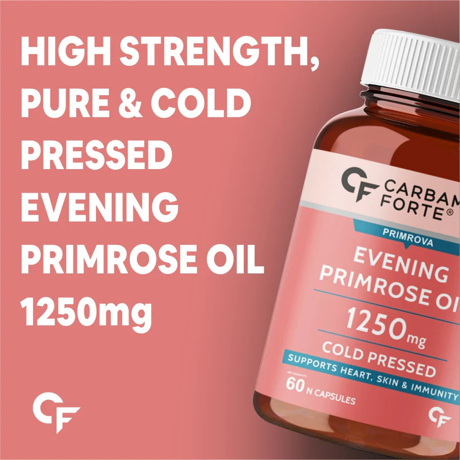 Evening Primrose Oil | Primrova - Supports Heart, Skin &amp; Immunity - Cold Pressed - Gluten Free, Hexane Free, Paraben Free &amp;amp; No Added Preservatives - Carbamide Forte - (1250mg) - 60 Capsules
