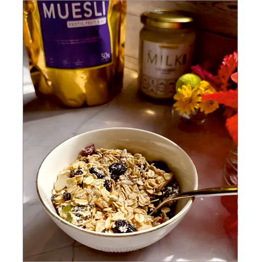 Muesli | Exotic Fruit &amp; Nut Muesli - Plant Based, Gluten Free &amp; Dairy Free - No Preservatives &amp; Artificial Colours- The Nibble Box - 500gm