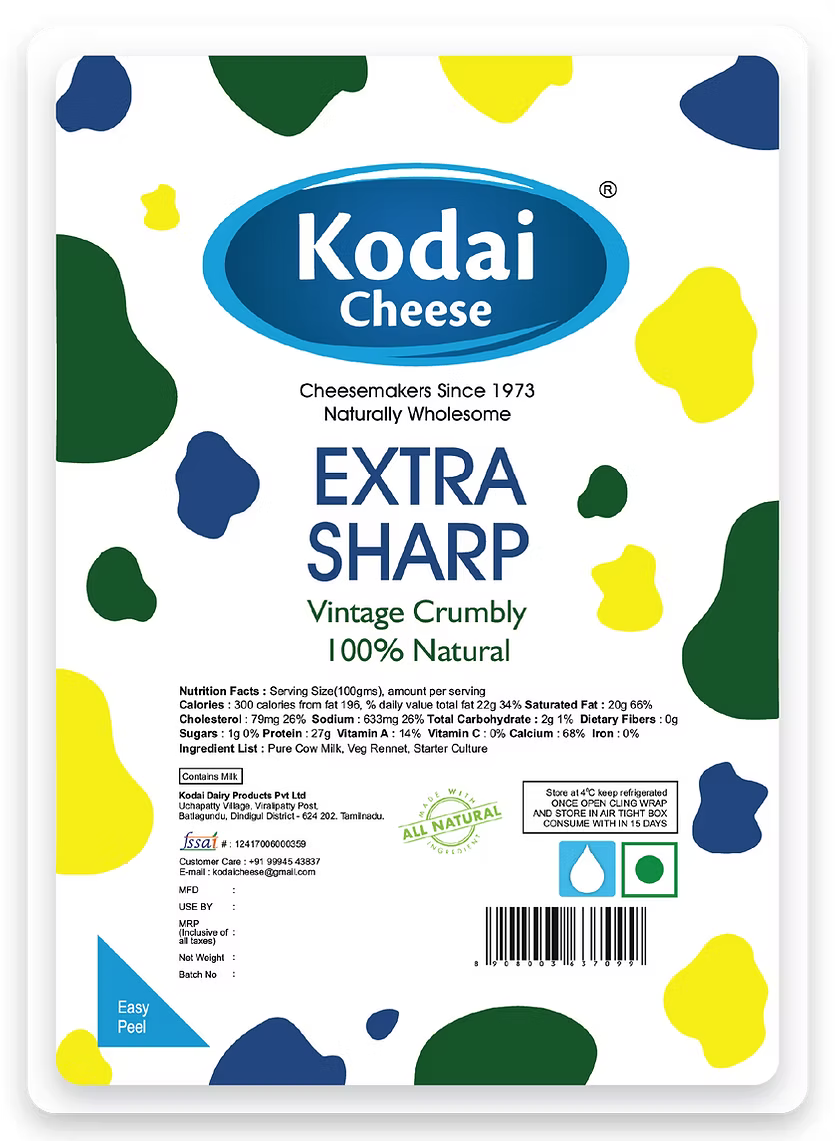 Extra Sharp Cheddar Cheese - Pasteurized - Kodai - 200gm