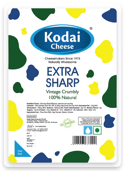 Extra Sharp Cheddar Cheese - Pasteurized - Kodai - 200gm