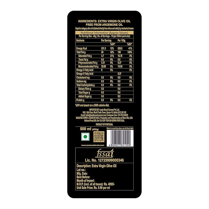 Olive Oil | Early Harvest Extra Virgin Olive Oil-Cold Pressed-Rich in Antioxidants &amp; Vitamin E- Free From Argemone Oil - Coracao Do Vale 500ml