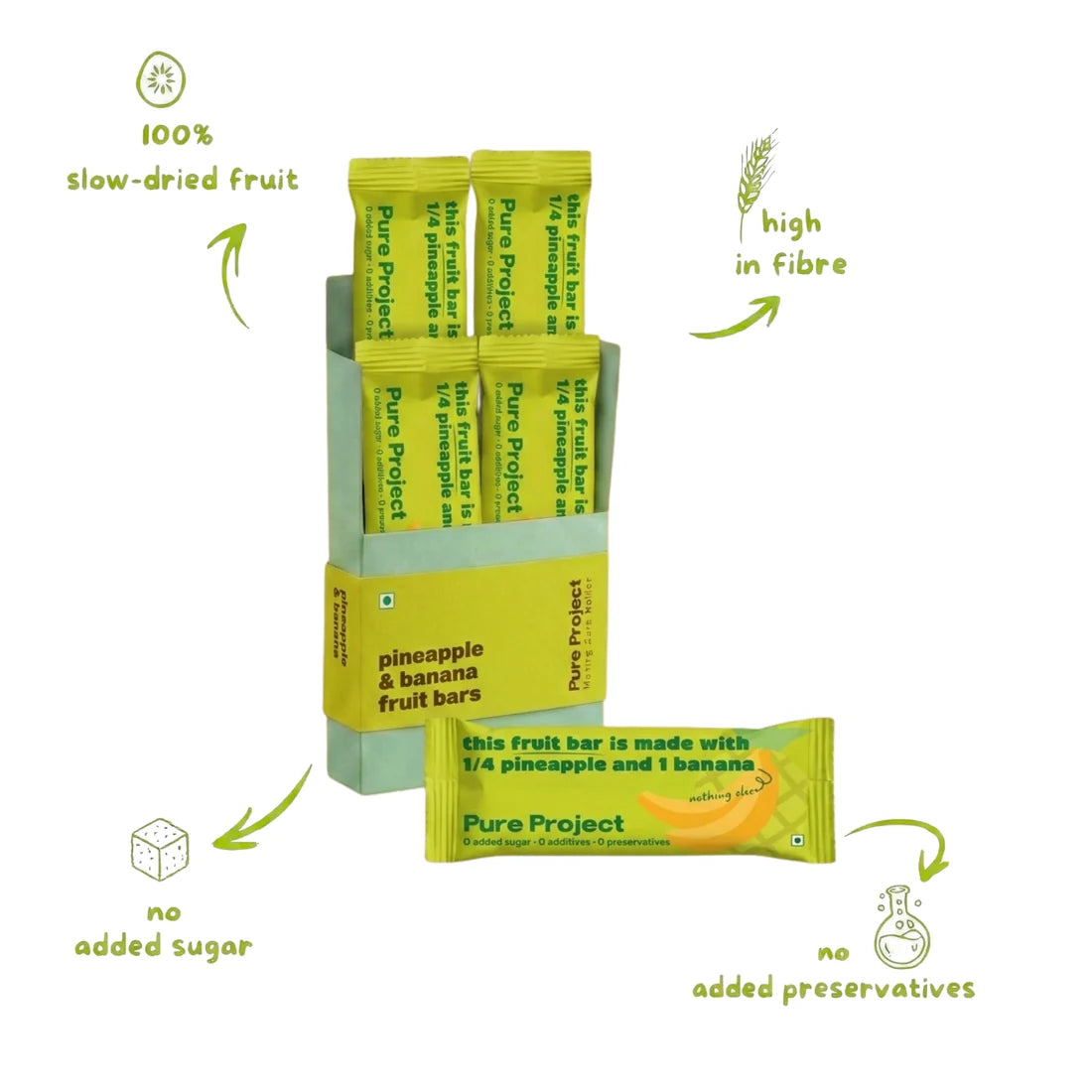 Fruit Bar | Pineapple Banana Fruit Bar - Vegan, Gluten Free &amp; High Fiber-No Added sugar, No preservatives - Pure Project - 25gm