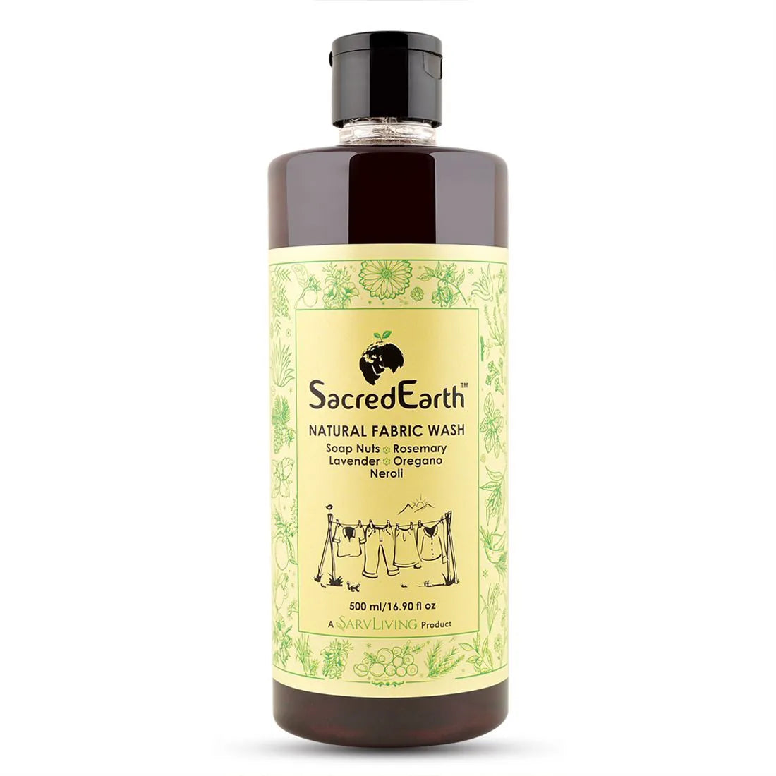 Fabric Wash | (Made From Soapnuts, Rosemary, Lavender, ylang ylang &amp; Neroli) - Natural - Environment Friendly, No Artificial Additive, Fragrances, Enzymes &amp; Bleaches - Sacred Earth – 500ml