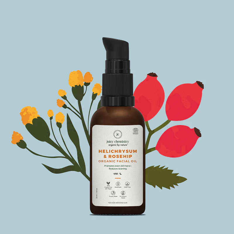 Facial Oil l Helichrysum And Rosehip - Promotes Even Skin Tone - Reduces Scarring - COSMOS Organic - Cruelty Free, Vegan, Gmo Free, Zero Dyes, Zero Sulphates & No Added Color - Juicy Chemistry - 30ml