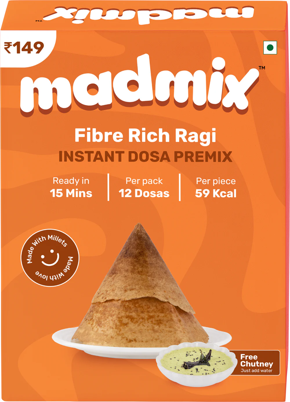 Dosa Premix | Fibre Rich Ragi (Made With Millets) – Per Piece 59 Kcal – Gluten Free, No Trans Fat, No MSG & No Added Preservatives – Per Pack 12 Dosas – madmix – 270gm