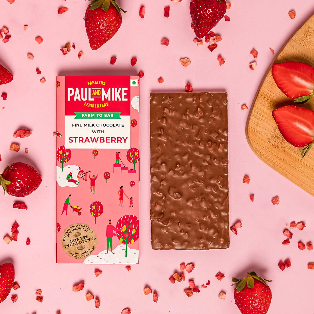 Milk Chocolate | Fine Milk Strawberry Chocolate - No added Vanilla And Chocolate Flavors, Non GMO & No Palm Oil - Paul & Mike - 68gm