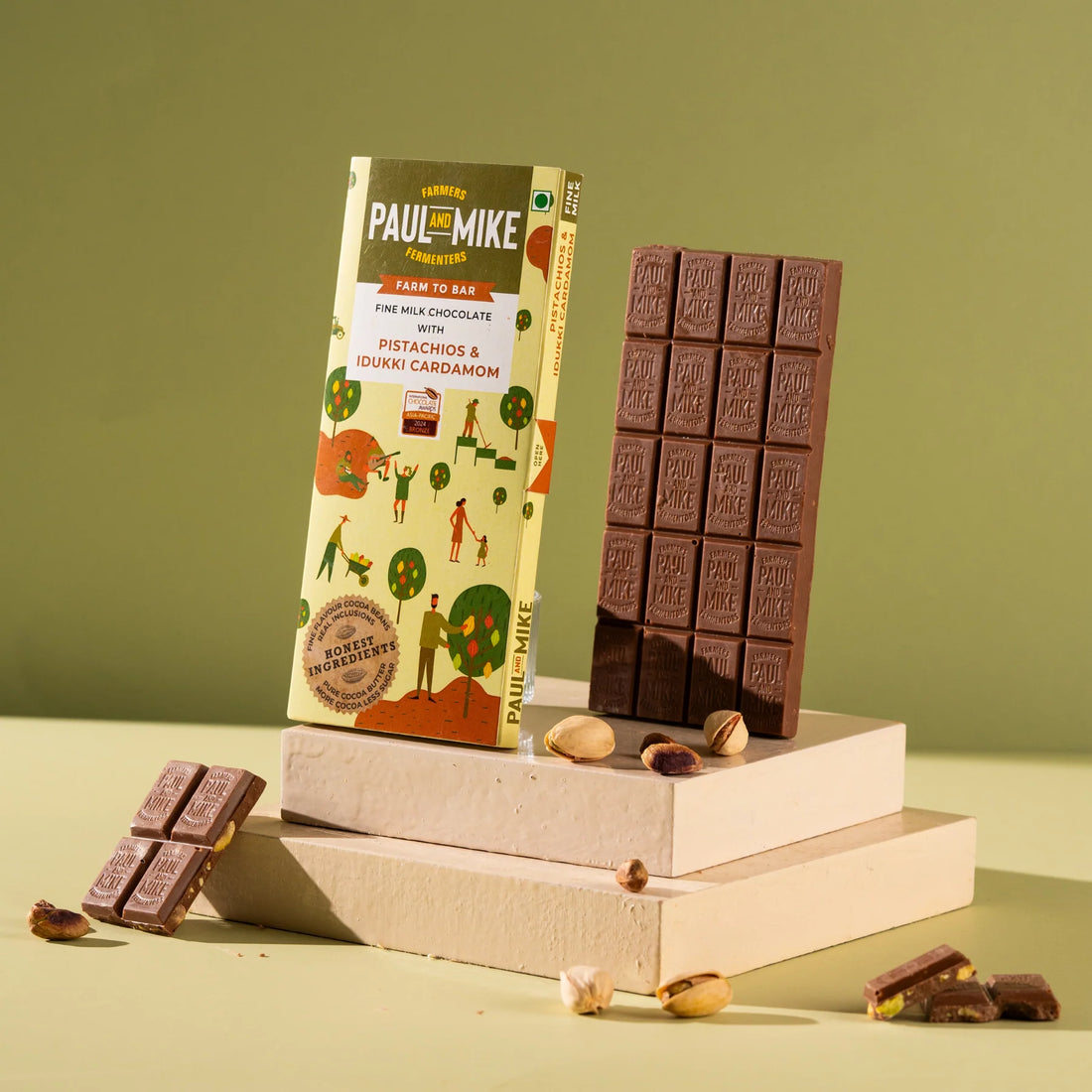 Milk Chocolate | Fine Milk Pistachios & Idukki Cardamom Chocolate - No Added Vanilla Nor chocolate Flavors - Paul & Mike - 96gm