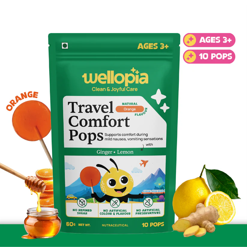 Candy | Travel Comfort Pops (Ages 3+) - Natural Orange Flavour (Ginger, Lemon) -No Artificial Preservatives - No Artificial Colors- No Refined Sugar - Wellopia - 10 Wrapped Pops -60 gm