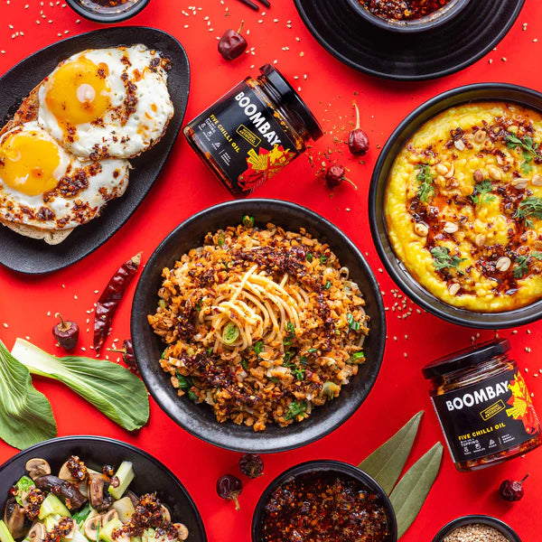 Five Chilli Oil (Spicy Smoky Savoury) - Topping - Tadka, Noodles, Pizza - Natural - Indian  - Gluten Free, No Refined Sugar &amp;amp; No Bad Oil - Boombay - 190gm