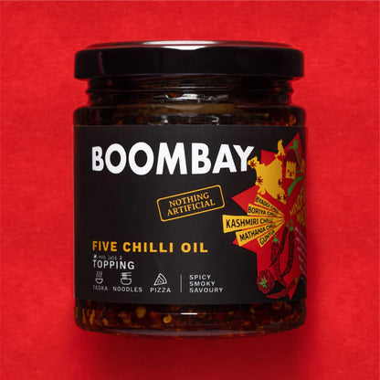Five Chilli Oil (Spicy Smoky Savoury) - Topping - Tadka, Noodles, Pizza - Natural - Indian  - Gluten Free, No Refined Sugar &amp;amp; No Bad Oil - Boombay - 190gm