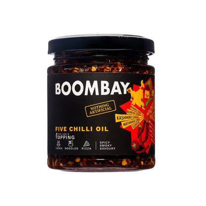 Five Chilli Oil (Spicy Smoky Savoury) - Topping - Tadka, Noodles, Pizza - Natural - Indian  - Gluten Free, No Refined Sugar &amp;amp; No Bad Oil - Boombay - 190gm