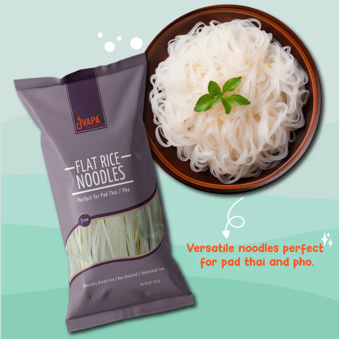 Noodles | Flat Rice Noodles - Perfect For Pad Thai/Pho - 3mm - Naturally Gluten Free - Non Bleached & Cholesterol Free - Jvapa - 350gm