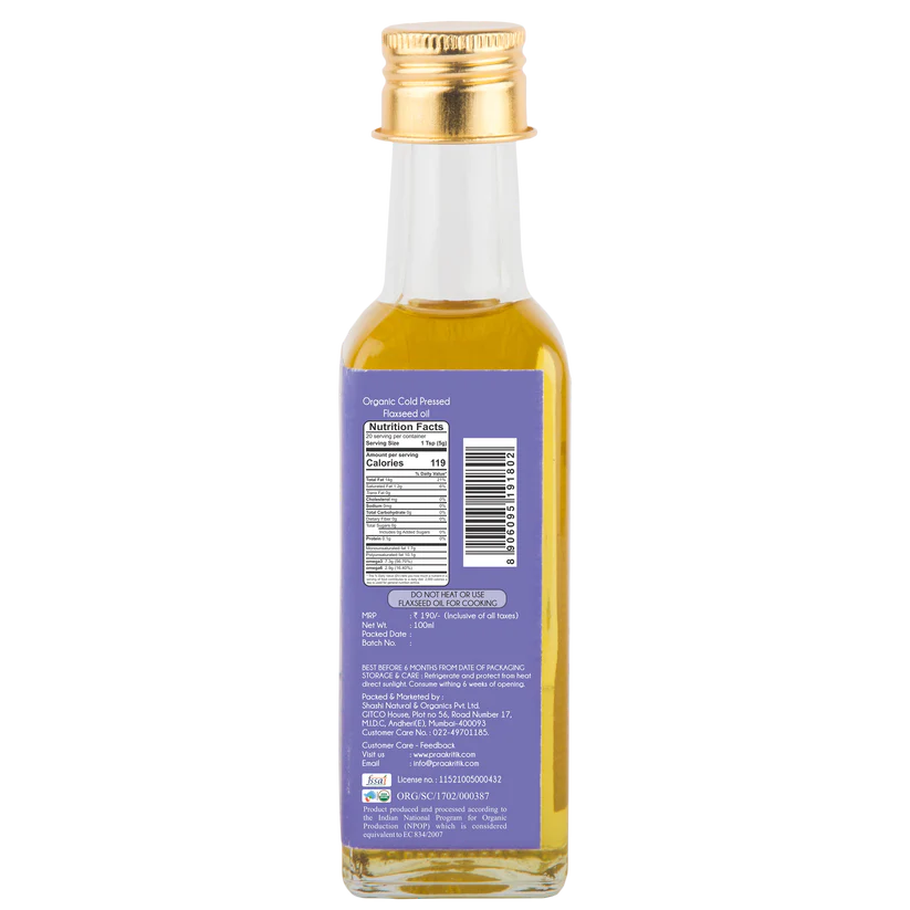Flax Seed Oil | Omega 3 - USDA Organic - Cold Pressed - Praakritik - 100ml