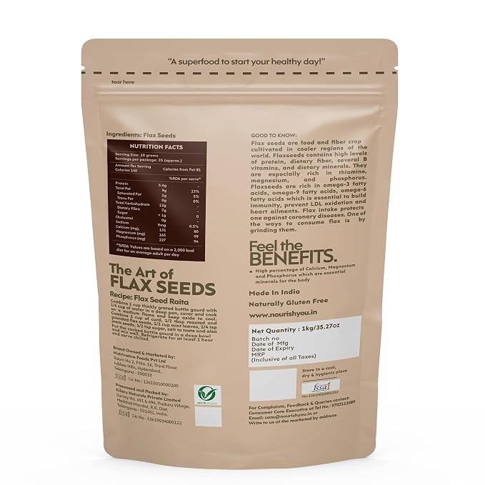 Seeds | Flax Seeds - Vegan, Gluten Free, Rich In Calcium, Magnesium, Phosphorus, Omega-3 Ala, Fatty Acid, &amp; Excellent Source Of Fibre - Nourish You - 1000gm