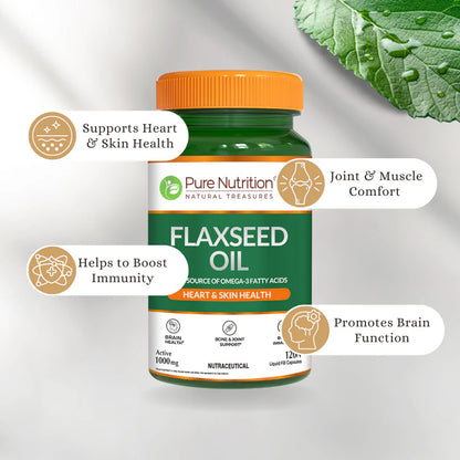 Flaxseed Oil Capsules | High In Omega-3 Fatty Acids – Supports Heart, Skin &amp; Brain Health – 100% Plant Based – Pure Nutrition – 120 Liquid-Filled Capsules
