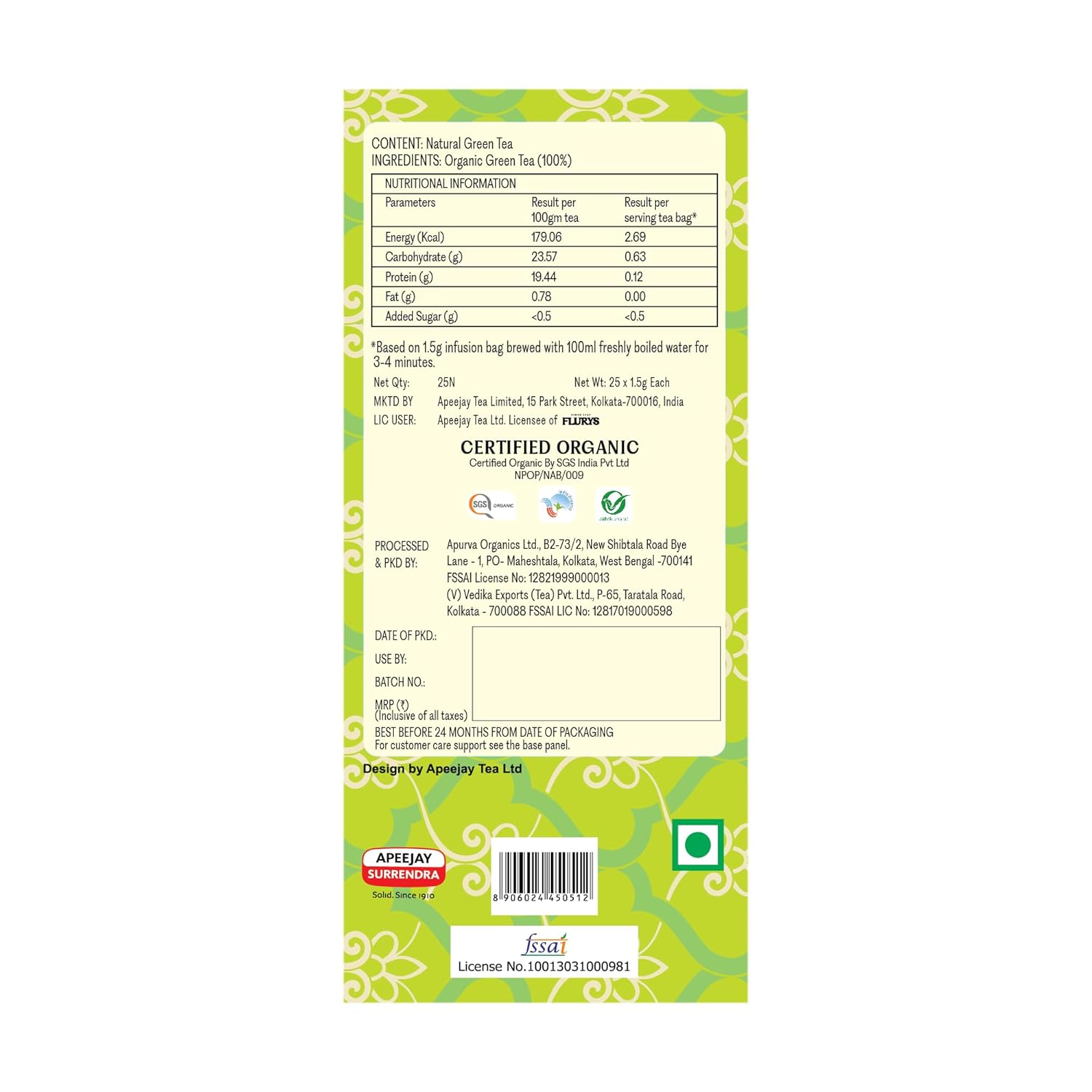 Pure Green Tea – Flurys – 25Tea Bags