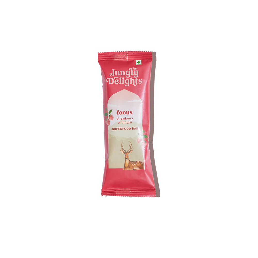 Focus Strawberry With Tulsi (Super Food Bar) - Indian - Gluten Free, No Refined Sugar & Support Immunity - Jungly Delights - 38gm