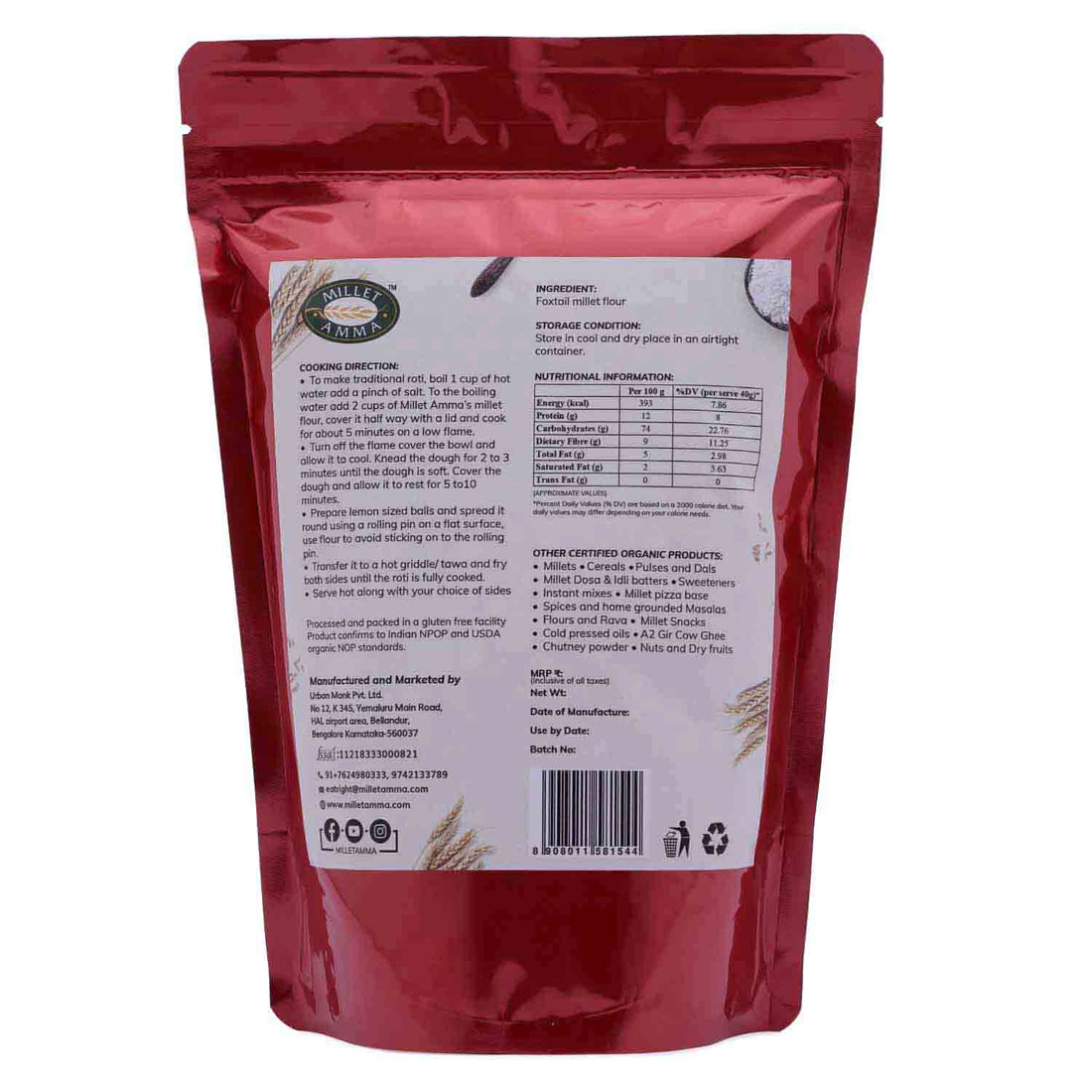Foxtail Flour  | Millet - Good For Cardiac Health, Skin & Hair Growth - Vegan & Gluten Free – Millet Amma – 500gm