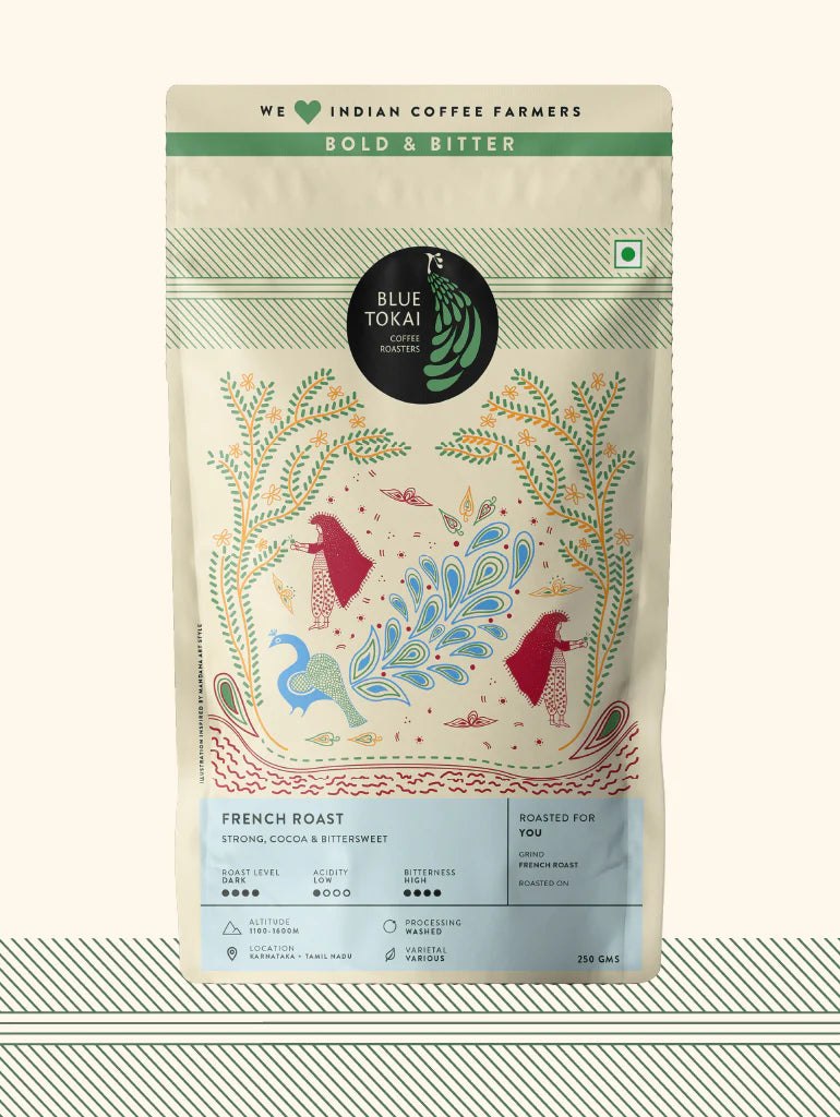 Coffee | French Roast – (Whole Beans) Strong – Cocoa – Bitter Sweet – No Added Preservatives, Additives &amp; No Added Flavouring – Blue Tokai – 250gm