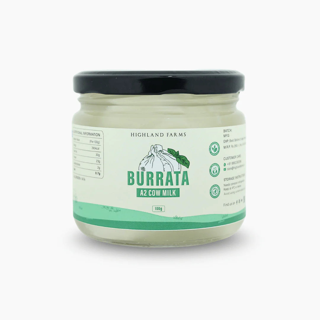 Burrata | Fresh Burrata - Made From A2 Cow Milk - Preservative Free - Highland Farms - 100gm