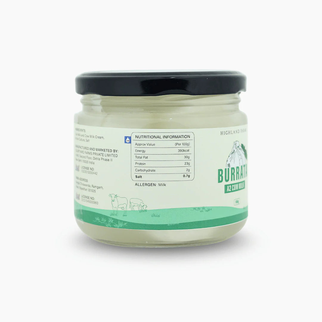Burrata | Fresh Burrata - Made From A2 Cow Milk - Preservative Free - Highland Farms - 100gm