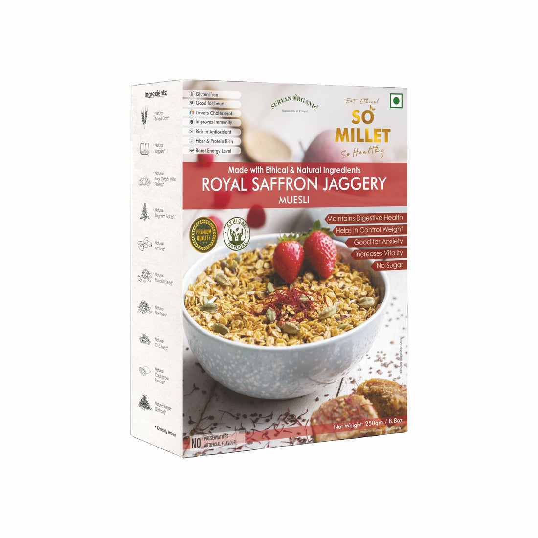 Muesli | Royal Saffron Muesli With Goodness Of Jaggery (Made With Ethical & Natural Ingredients) - Natural - Gluten Free, No Added Sugar, No Preservatives & No Artificial Flavour - So Millet - 250gm