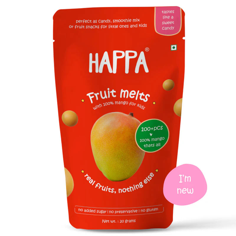 Fruit Melts | (With 100% Mango) - For Kids - Gluten Free, No Added Flavour &amp;amp; No Sugar - Happa - (100 Melts) - 20gm