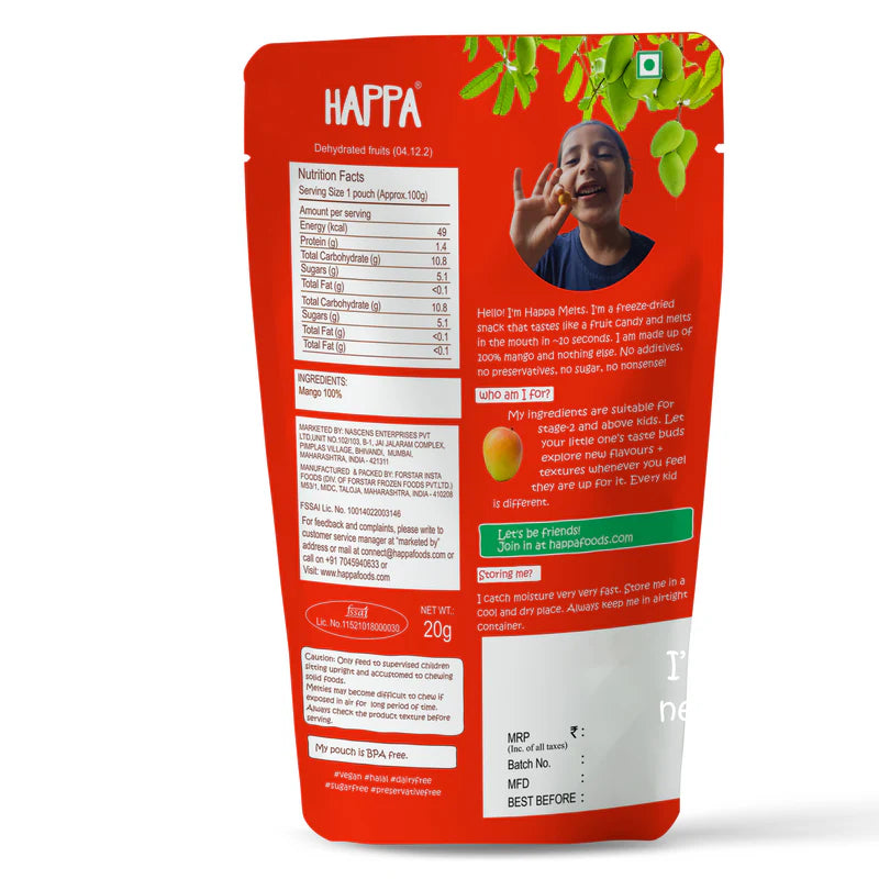 Fruit Melts | (With 100% Mango) - For Kids - Gluten Free, No Added Flavour &amp;amp; No Sugar - Happa - (100 Melts) - 20gm