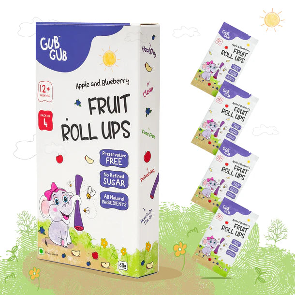 Fruit Roll Ups | (Apple & Blueberry) – 12+ Months – All Natural Ingredients – No Added Preservatives & No Refined Sugar – GUB GUB –  Pack Of 4