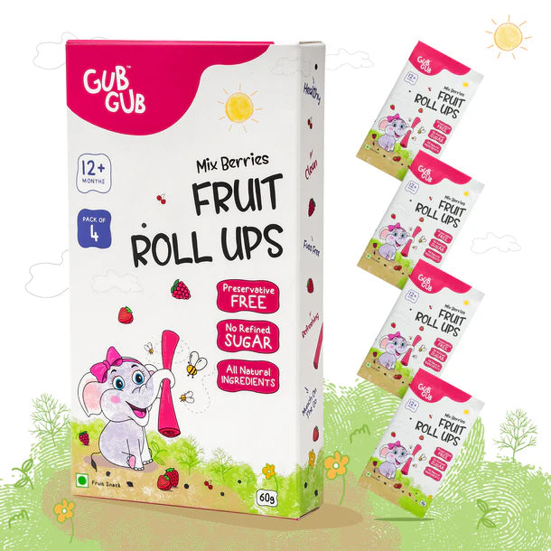 Fruit Roll Ups | (Mix Berries) – 12+ Months – All Natural Ingredients – No Added Preservatives & No Refined Sugar – GUB GUB – Pack Of 4