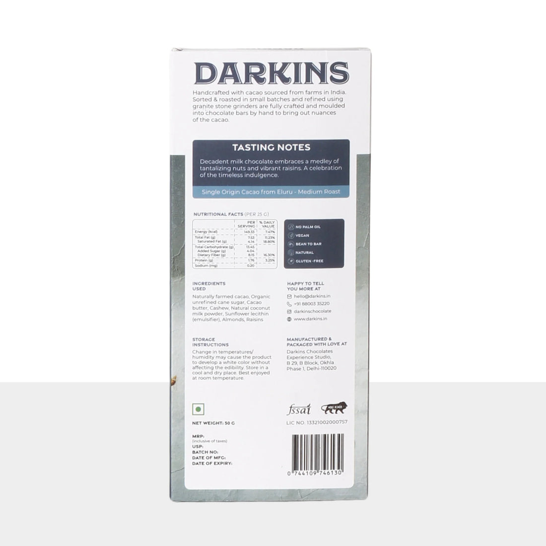 Milk Chocolate | Mylk - Fruits & Nuts - Bean To bar - Natural - Vegan, Gluten Free & No Palm Oil - Darkins - 50gm
