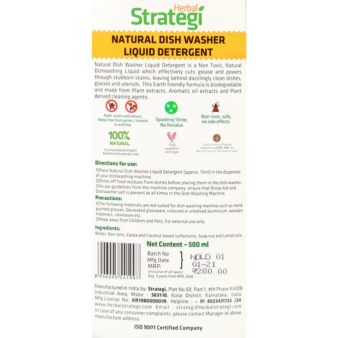 Natural Dishwasher Liquid Detergent - Herbal Strategi - 500ml