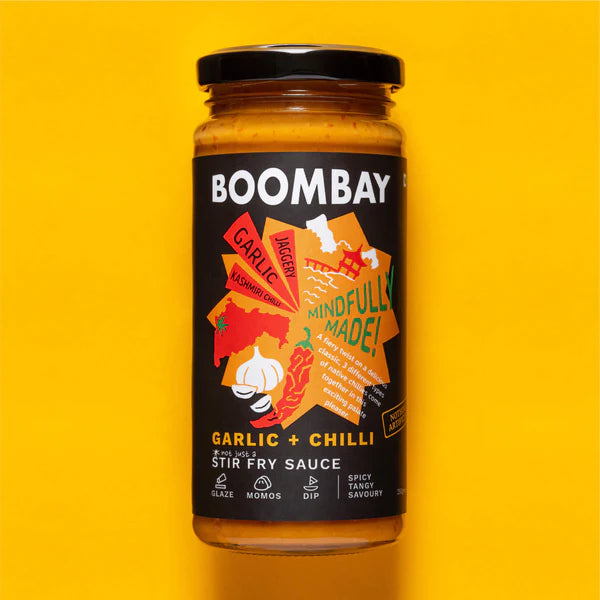 Garlic + Chilli (Spicy Tangy Savoury) - Stir Fry Sauce - Glaze, Momos, Dip - Natural - Indian  - Gluten Free, No Refined Sugar &amp;amp; No Bad Oil - Boombay - 250gm