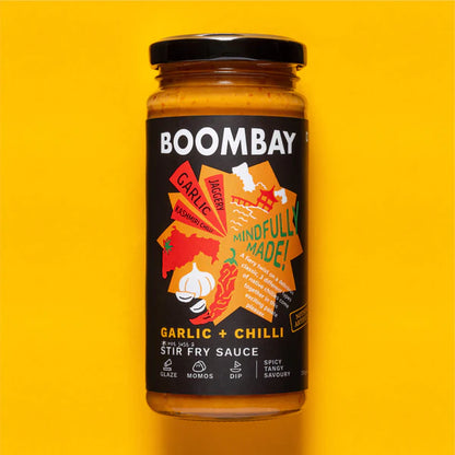 Garlic + Chilli (Spicy Tangy Savoury) - Stir Fry Sauce - Glaze, Momos, Dip - Natural - Indian  - Gluten Free, No Refined Sugar &amp;amp; No Bad Oil - Boombay - 250gm