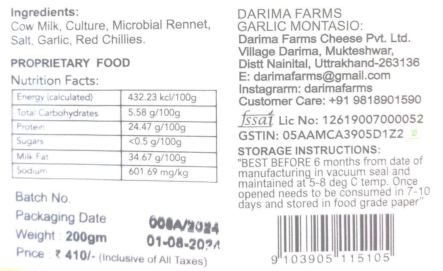Garlic Montasio Cheese – Pasteurized - Darima – 200gm