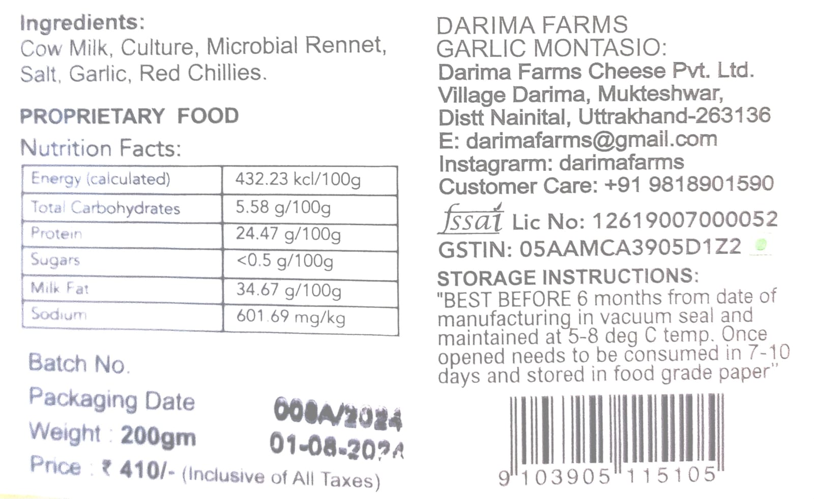 Garlic Montasio Cheese – Pasteurized - Darima – 200gm