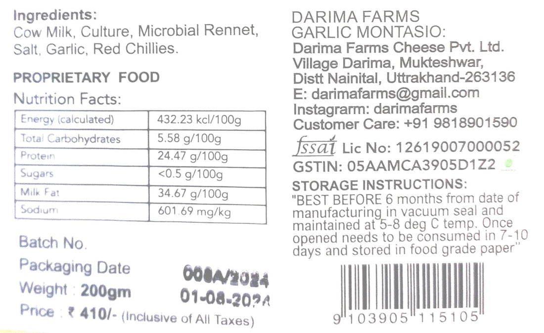 Garlic Montasio Cheese – Pasteurized - Darima – 200gm