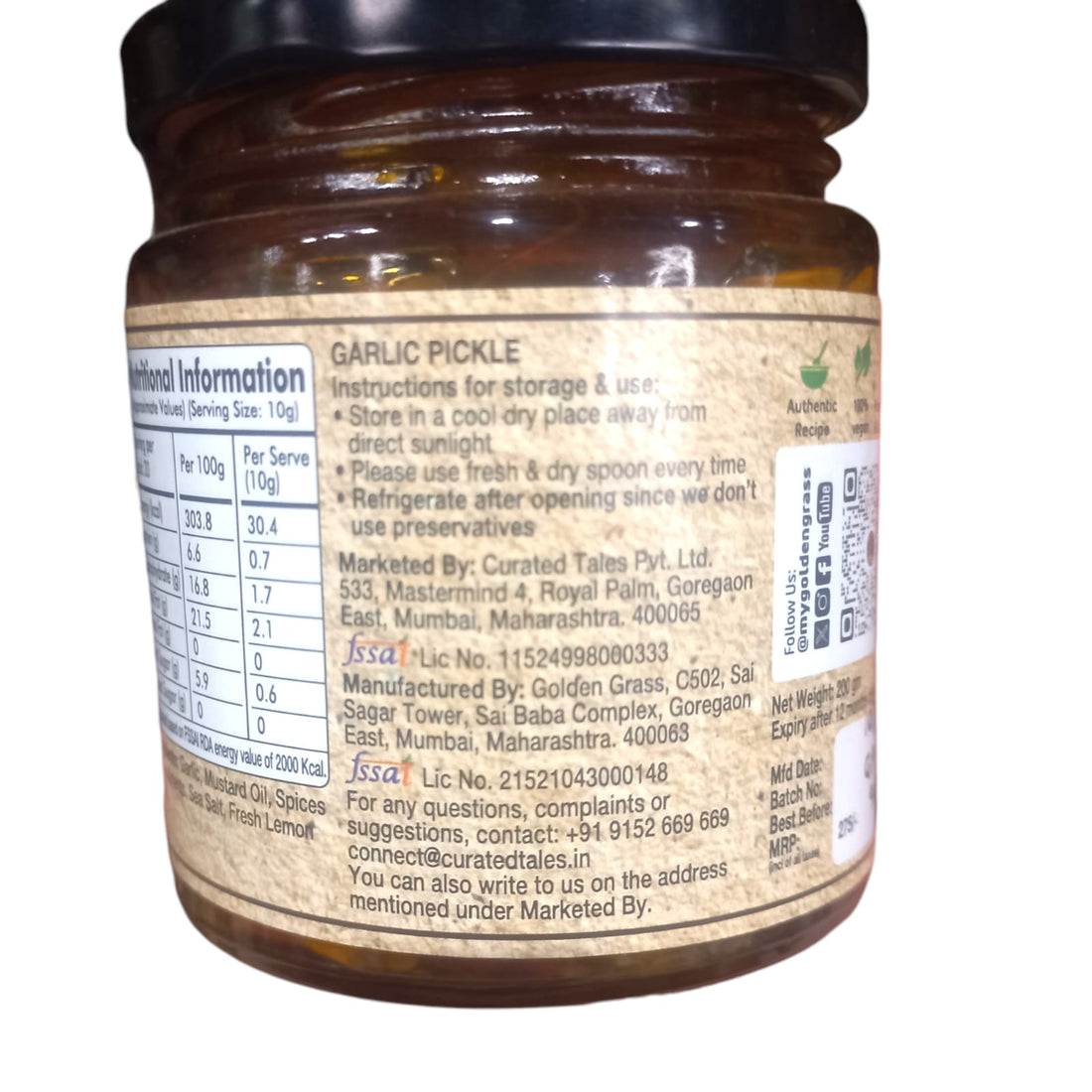 Pickle | Garlic Pickle (Home Made With Probiotic Goodness) - 100% Natural - Vegan, No Added Colour & No Added Preservatives - Golden Grass - 200gm