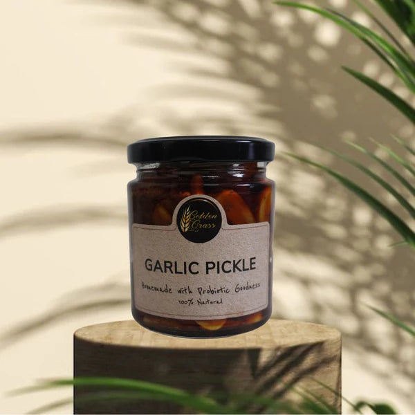 Pickle | Garlic Pickle (Home Made With Probiotic Goodness) - 100% Natural - Vegan, No Added Colour &amp;amp; No Added Preservatives - Golden Grass - 200gm