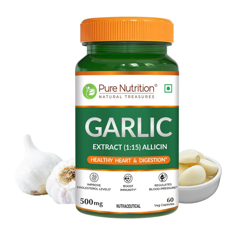 Garlic Extract | Extract (1:15) Allicin – Healthy Heart &amp; Digestion – Improves Cholesterol Levels – Boost Immunity – Regulates Blood Pressure – Pure Nutrition – 60 Veg Capsules