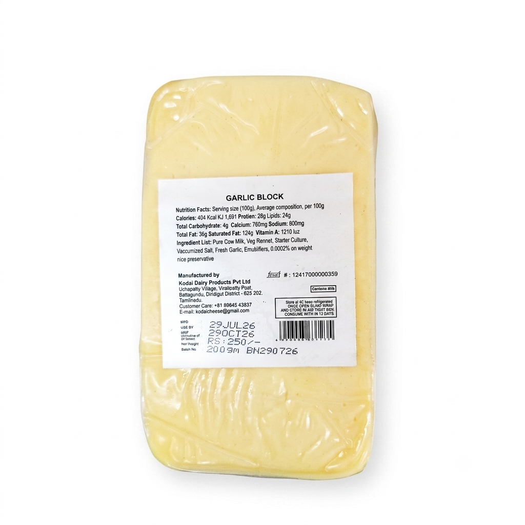 Cheese | Garlic Cheese Block  – Pasteurized - Kodai – 200gm