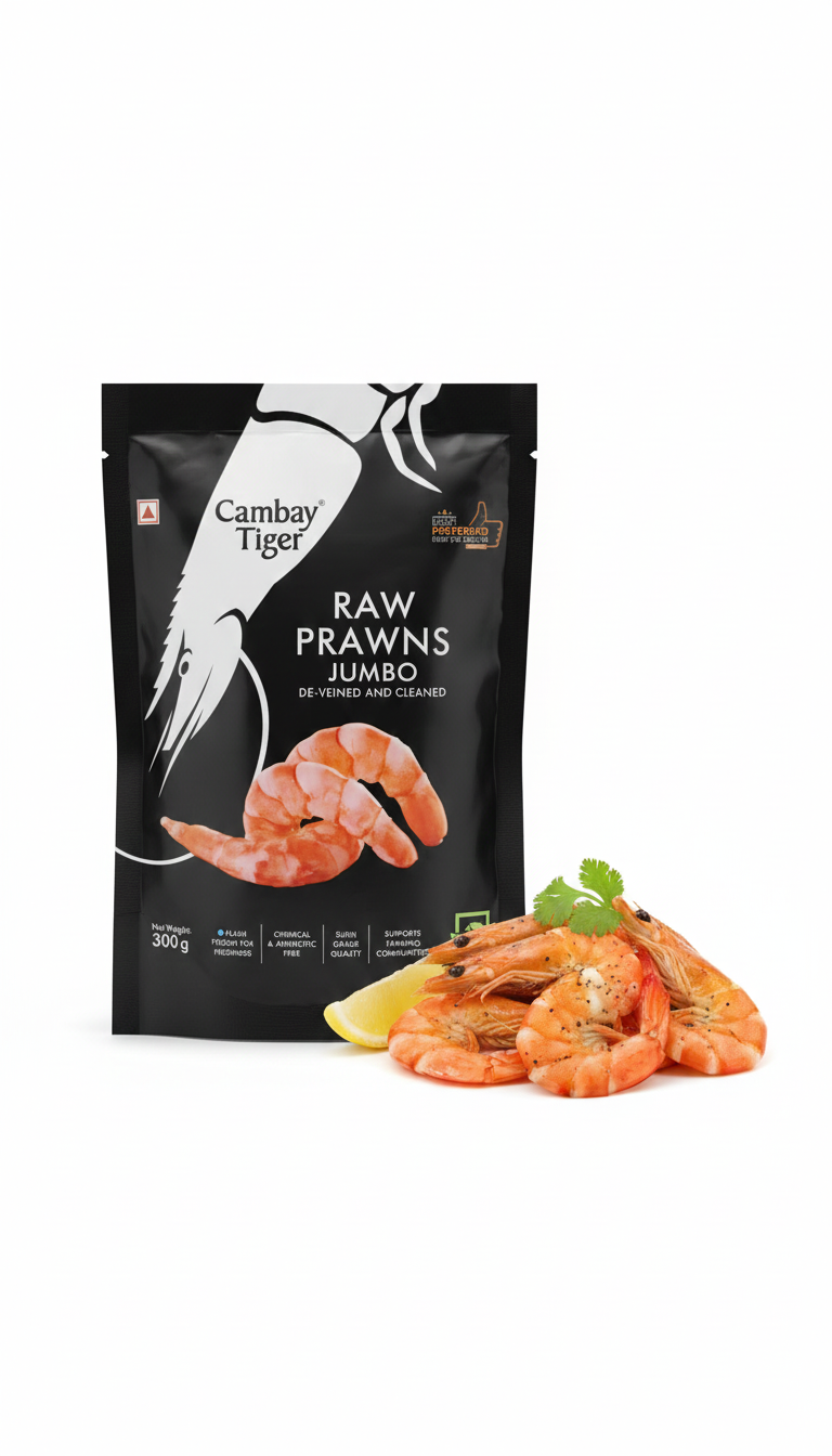Jumbo Prawns - Antibiotics And Hormone Free - Cambay Tiger - 300gm