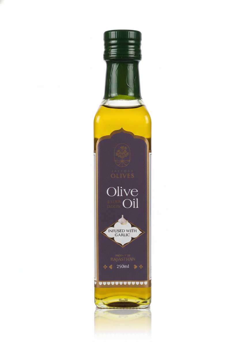 Olive Oil | Extra Virgin Olive Oil- Infused With Garlic - Unrefined - Cold Pressed - Jaypore Olives 250ml