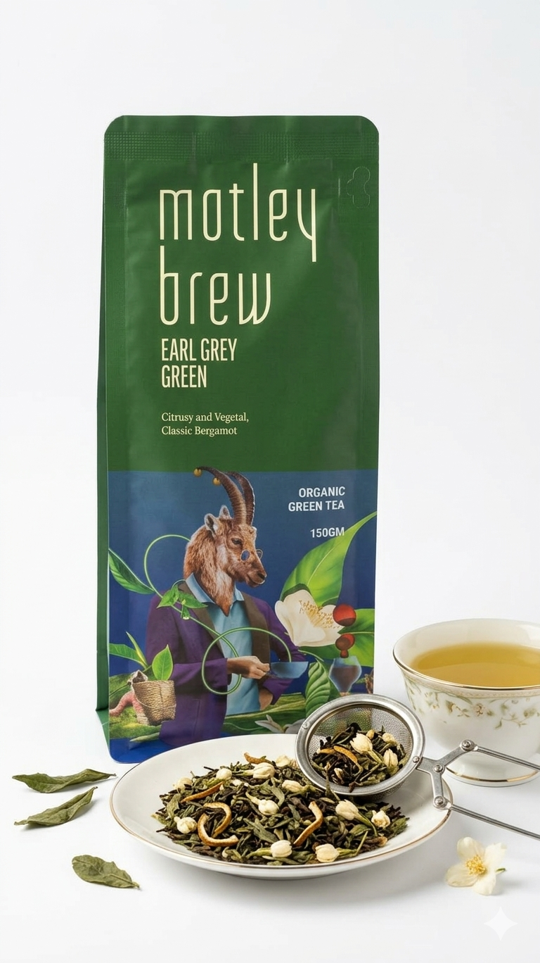 Tea | Earl Grey Green - Organic Green Tea - Citrusy and Vegetal -100% Certified Organic Tea, Highgrown - Motley Brew– 150gm